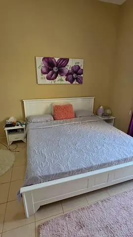 White wooden double bed frame with mattress (good condition) with 2 cabinets
