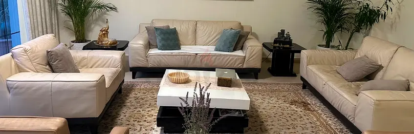 Cream color leather 3-piece (3+2+1) living room sofa set with coffee table