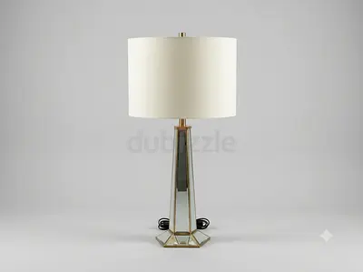 Tall Mirrored Geometric Table Lamp with Cream Shade