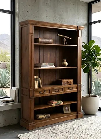 Marina Home Solid Wood Bookcase / Bookshelf with Drawers - Classic Dark Oak Finish