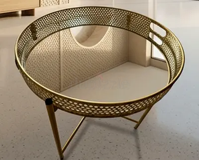 Brass Finish Round Metal Side Table with Tray Top