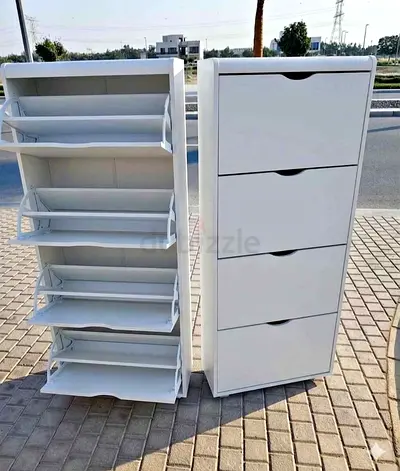 White Slim Shoe Cabinet with 5 Tilt-Out Compartments (Set of 2)