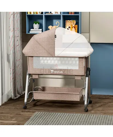 Baby Bedside Crib with Canopy and Storage Shelf - Ivory