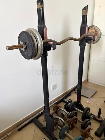 Adjustable Squat Rack with Barbell and Weight Plates
