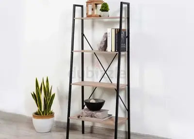Modern 4-Tier Ladder Shelving Unit with Black Metal Frame!!