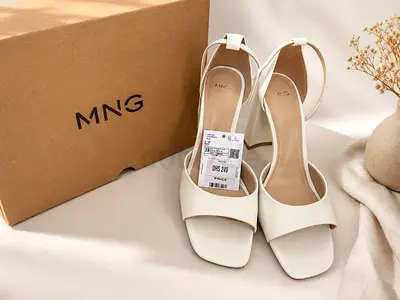 White MNG (Mango) Open-Toe Block Heel Sandals, Size EU 39
