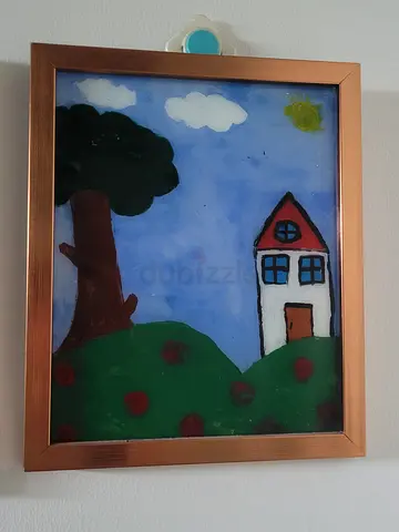 MOVING OUT SALE: Handmade Framed Childrens Painting - Tree and House