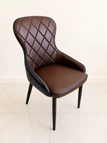 Brown Quilted Leather Dining Chair with Armrests