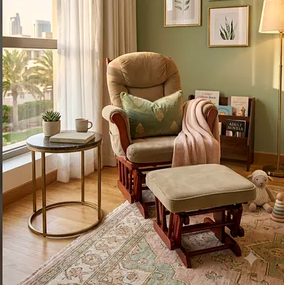 Beige glider rocking chair with matching ottoman - wooden frame, cushioned