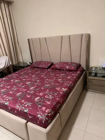 Beige Upholstered Double Bed with Headboard and Storage Base woth dressing table