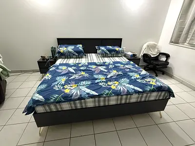 King size bed frame with headboard, side table and mattress - good condition