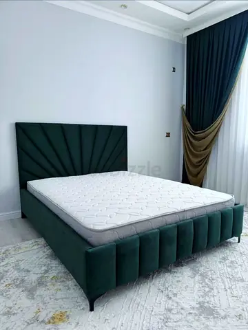 Queen upholstered bed frame with velvet headboard - dark green