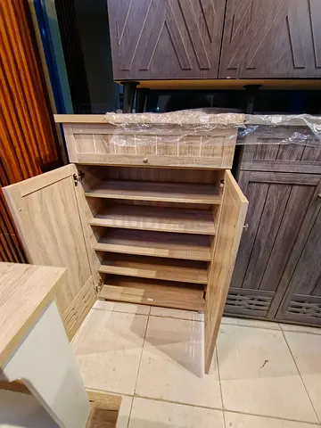Wooden Shoe Cabinet with Multiple Shelves - Light Oak Finish