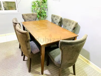 Wooden Dining Table with 6 Upholstered Chairs - Good Condition