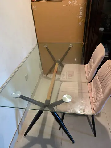 Glass Top Dining Table with Metal Base - Seating for 4 with 2 chairs