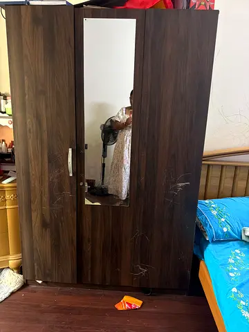 Used 3-Door Wooden Wardrobe with Mirror — Dark Wood, Scratched