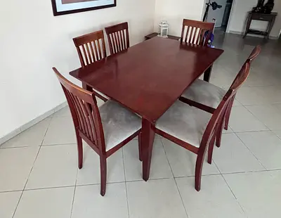 Solid Wood 6-Seater Dining Table with Chairs - Dark Brown