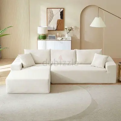 New Cream Modular L-Shaped Fabric Sofa with Ottoman - Modern Minimalist