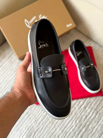 Black Leather Slip-On Loafers with Silver