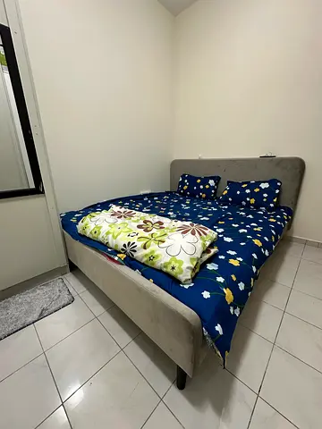 Grey upholstered double bed frame with headboard - good condition