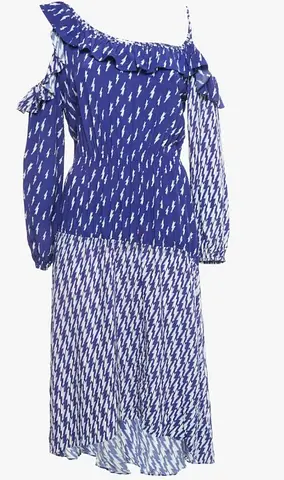 SANDRO Blue patterned off-shoulder long sleeve midi dress
