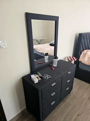 Dark Grey Fabric Dresser with Mirror - 6 Drawers (Need assembly)