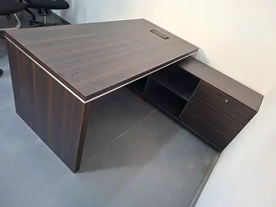 Dark Wood Executive L-Shaped Office Desk with Side Storage (Used)