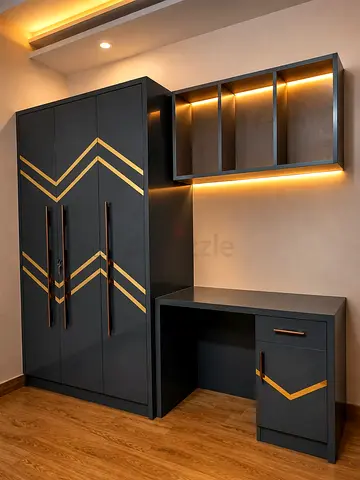 Modern Grey Wardrobe and Study Desk Set with Gold Accents