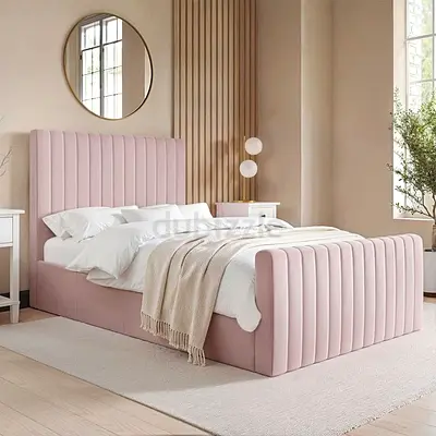 Modern Pink Velvet Upholstered Bed Frame with Ribbed Headboard