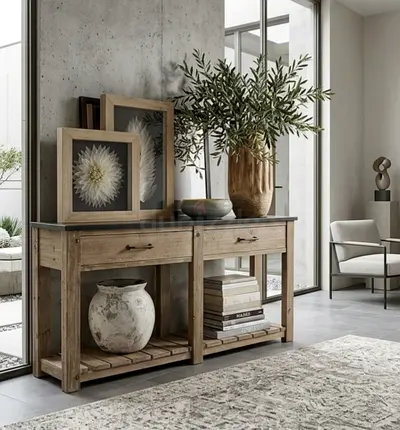 Pottery barn Solid Wood Console Table with Drawers and Lower Shelf