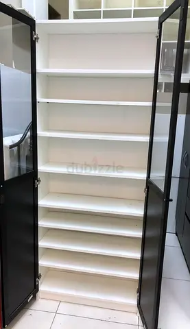 Tall White Cabinet with Glass Doors — Multiple Shelves, Good Condition