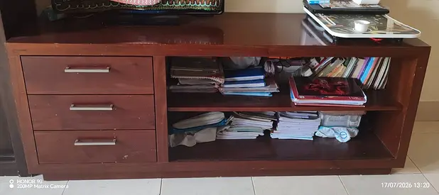 Low wooden TV stand with 3 drawers and open shelving - solid finish