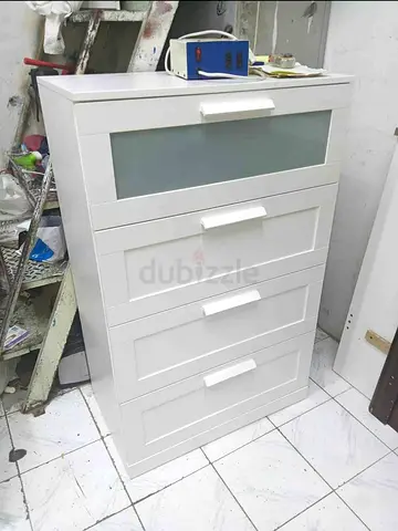 White 4-Drawer Tall Chest with Frosted Glass Panel - Good Condition