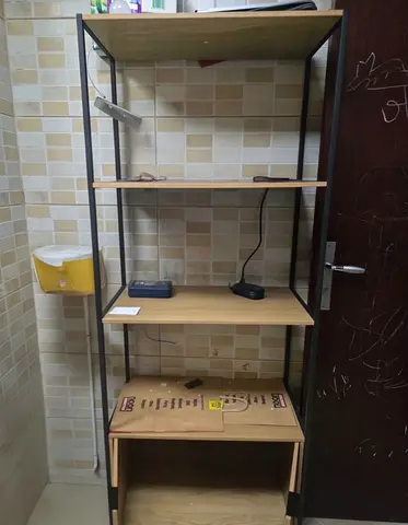 Tall open shelving unit with desk shelf - light wood  black frame