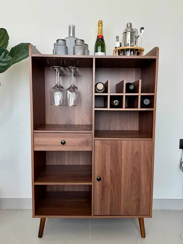 Bar Cabinet with Wine Rack and Storage Mid-century Walnut