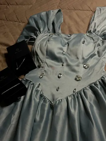Light blue  satin evening dress with beaded bodice, size xs-s