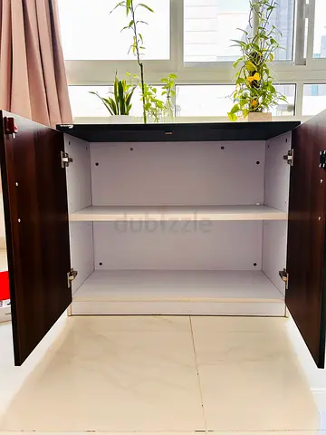 Dark Wood Two-Door Storage Cabinet with Shelf - Good Condition