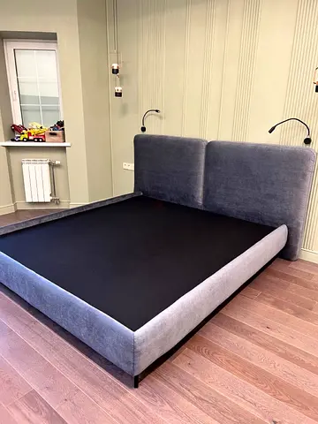 Grey Upholstered Double Bed Frame with Padded Headboard