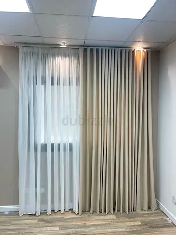 Beige blackout curtains with white sheer set - ready to hang