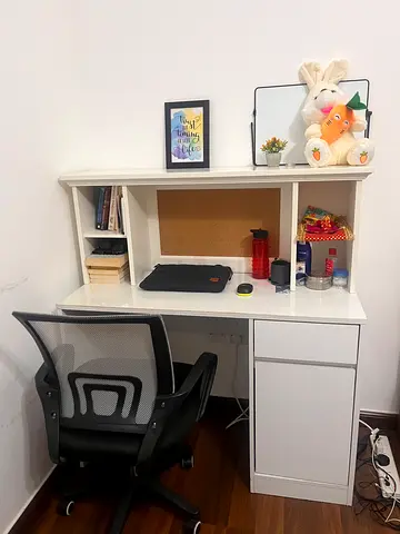 White wooden study desk and revolving chair (price negotiable)