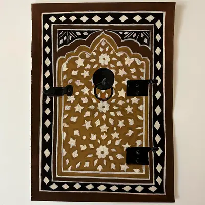 Hand-painted decorative painting. Wooden door panel with metal latch. Painting without frame.