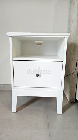 White bedside table / nightstand with single drawer. Solid wood