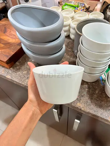 Set of Ceramic Bowls and Ramekins - White and Gray, Good Condition