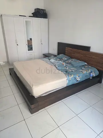 Solid Wood Platform Bed with Headboard and Nightstand - Good Condition