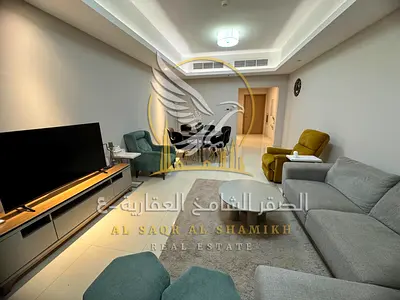 Furnished 3-bedroom apartment with a living room for monthly rent in Gulf Tower Ajman directly on Khalifa Street Featuring elegant furnishings