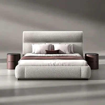 Modern Upholstered Double Bed with Padded Headboard - Light Grey