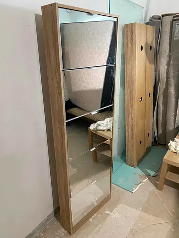 Slim Full-Length Mirror Cabinet with Oak Finish