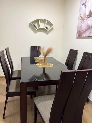Solid Wood 6-Seater Dining Table with Glass Top