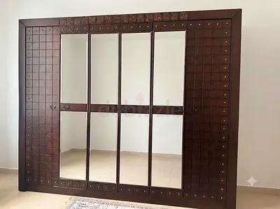 Large Dark Wood Mirrored Wardrobe with Decorative Studs
