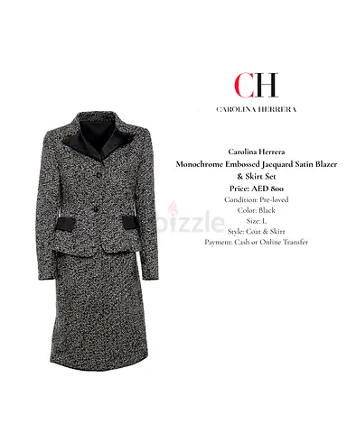 Carolina Herrera Monochrome Embossed Jacquard Satin Blazer  Skirt Set - Size L